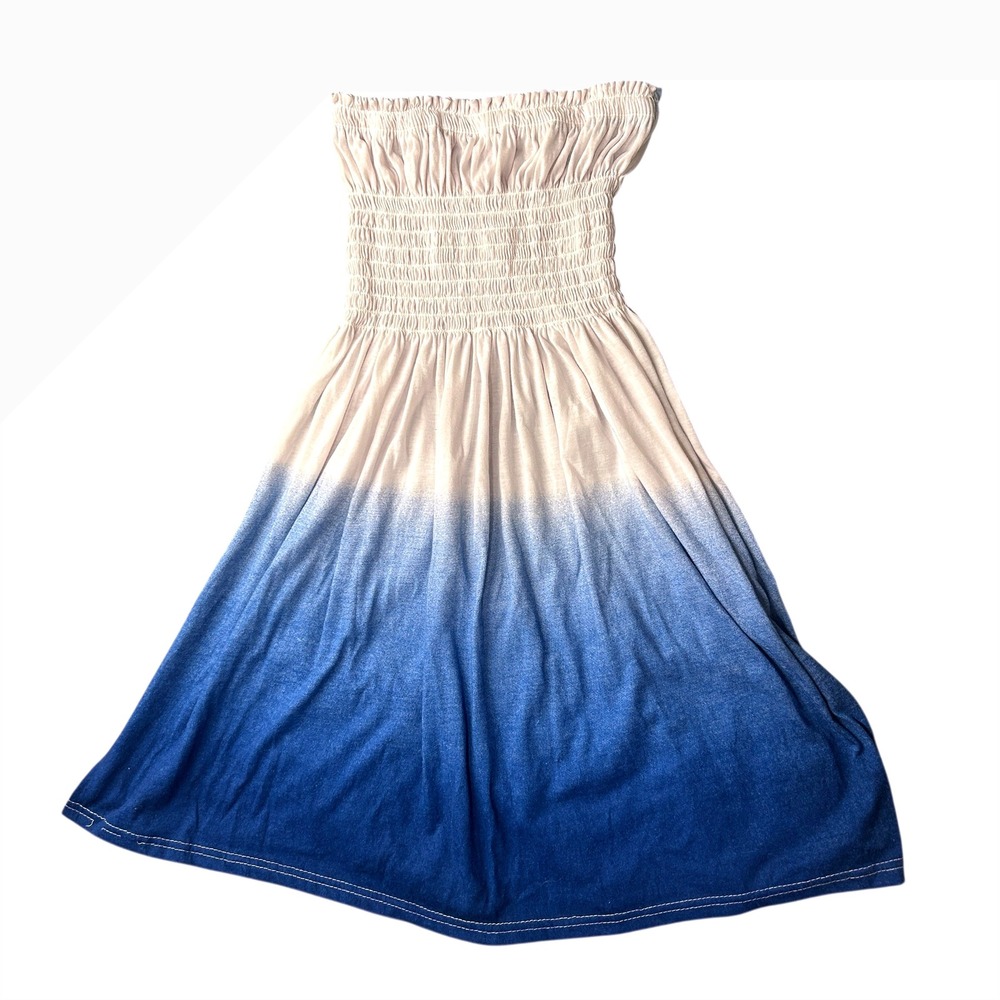 Womens Strapless Y2K Stretch Top Blue Ombre Smocked Casual‎ Summer Sundress